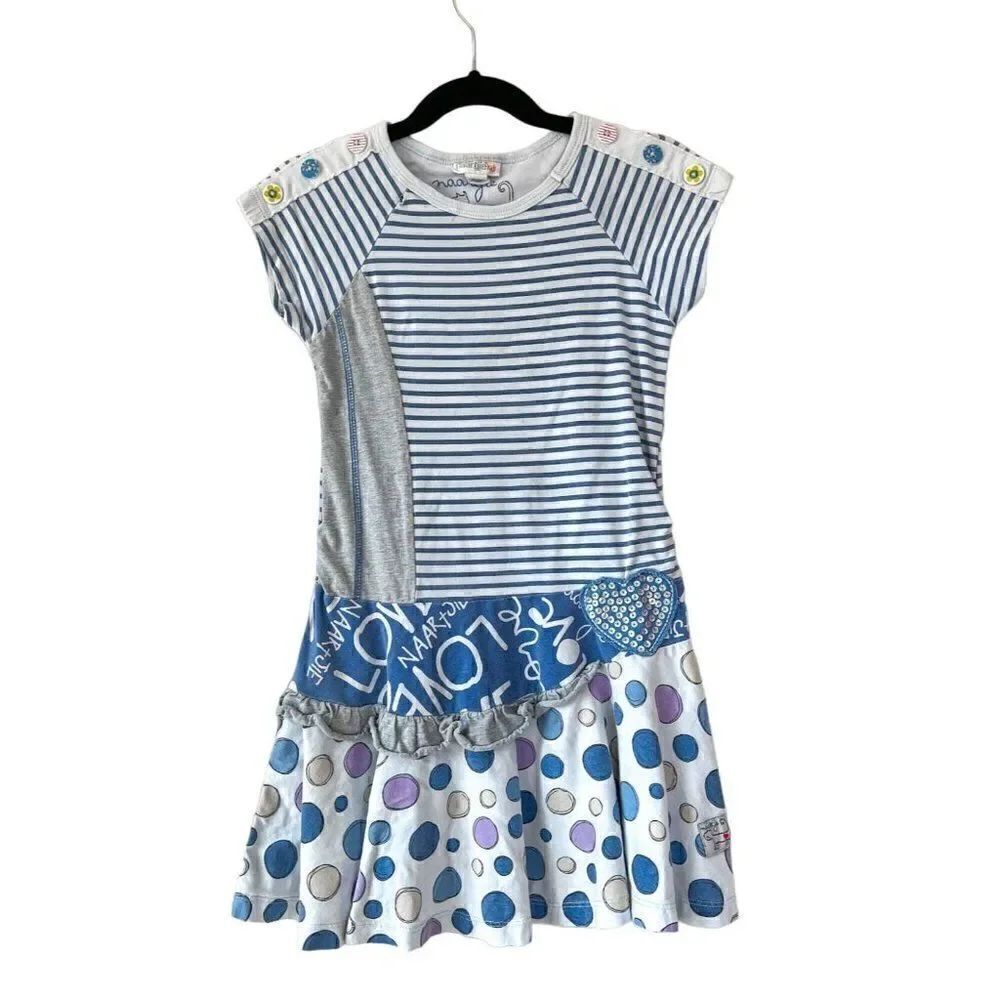 Naartjie Striped Sequin Heart Multi Fabric Blue Dress, Size 5